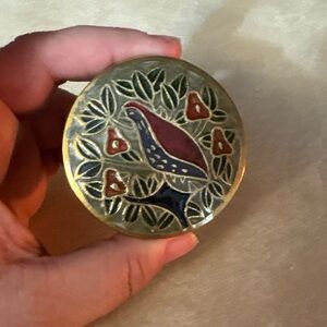 Vintage Solid Brass‎ Hand Made & Painting Of A Bird Pill Box With Lid from India